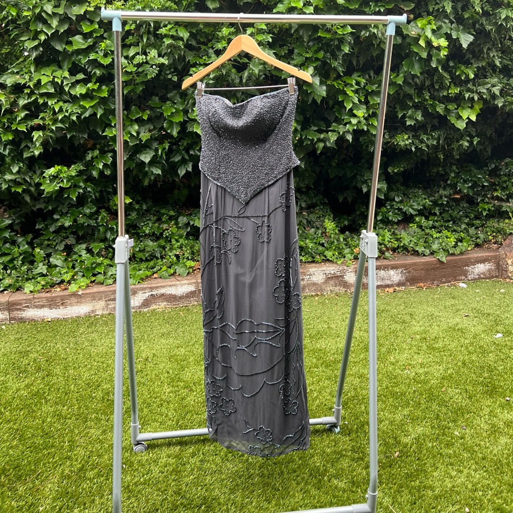 Beaded Strapless Evening Gown. Color is Pewter, Size 8.